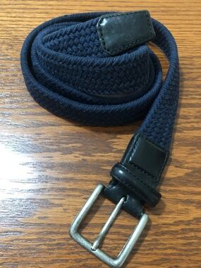 XXXL navy braided woven belt with leather tab and trim silver buckle